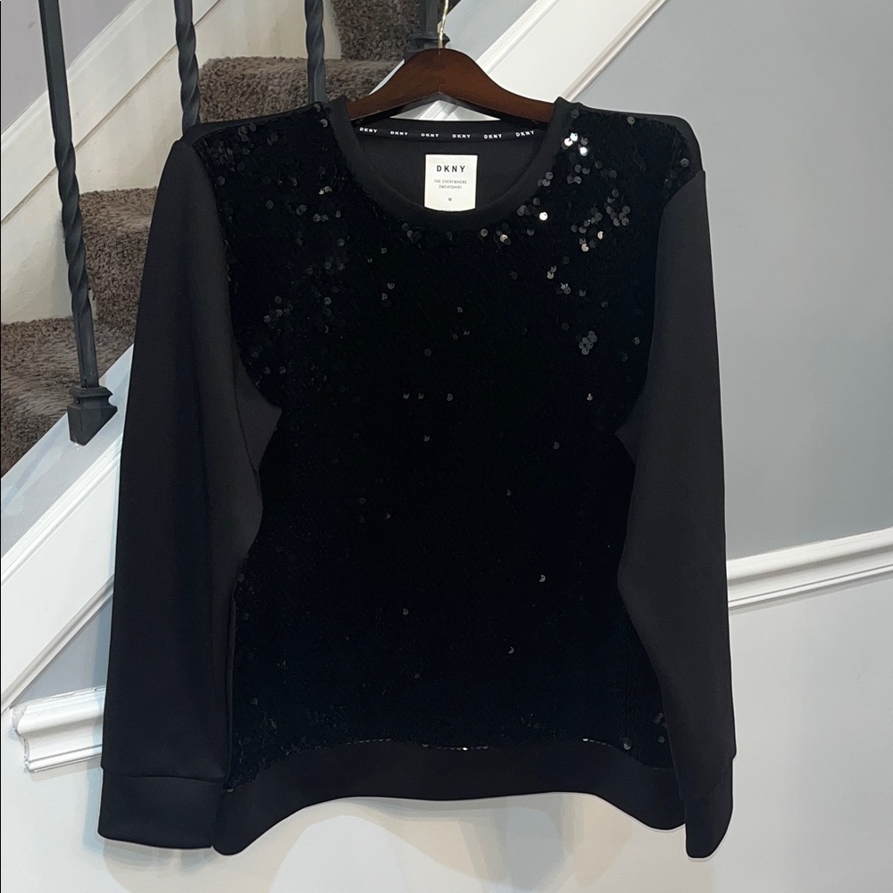 DKNY Black Sequin Front Pullover Sweatshirt